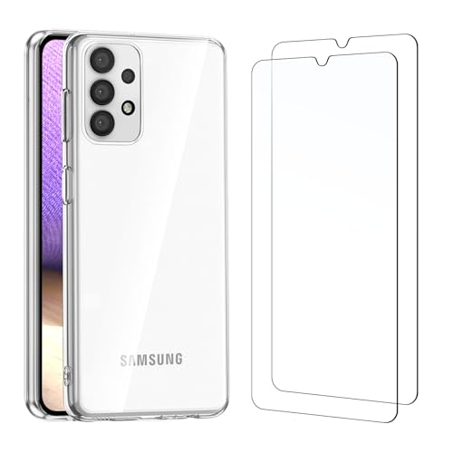 NEW'C Funda para Samsung Galaxy A32 5G (No para A32 4G) Carcasa Silicona Transparente Alta y 2X Protector de Pantalla para Samsung Galaxy A32 5G Cristal Templado - Antiarañazos