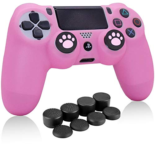 HLRAO PS4 Controller Skin Pink, Antideslizante Grip Funda Protectora de Silicona Compatible con PS4 / Slim/Pro Wireless/Wired Gamepad Controller con 8 x FPS Pro Thumb Grip Caps + 2 Cat Paw Caps.