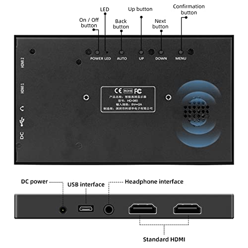 Pisichen Mini Monitor, 8 Pulgadas HD 1600 x 768 HDMI Monitor PortÃ¡til, USB/HDMI/DC Entrada, 5ms, Carcasa de Metal Negra Ultra Delgada Altavoz Incorporado, Compatible con Laptop, Raspberry Pi