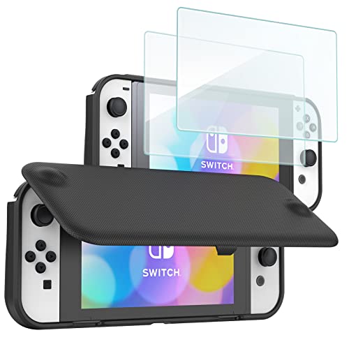 Procase Funda y Pantalla Protectora para Nintendo Switch OLED, Funda con Tapa y 2 Piezas de Protectores de Pantalla de Vidrio Templado para Nintendo Switch OLED Model 2021 -Negro