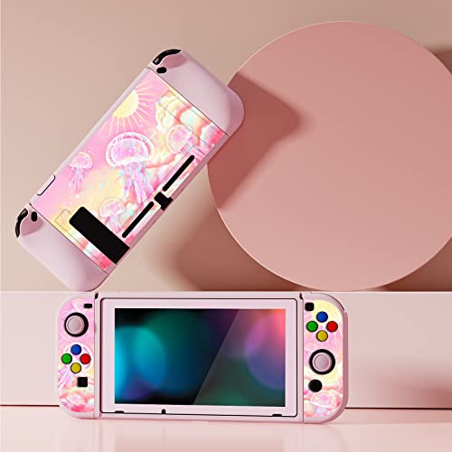 PlayVital ZealProtect Funda Protectora Suave para Nintendo Switch Carcasa con Protector de Pantalla & Tapas de Agarre para el Pulgar & Pegatinas de ABXY Direcci贸n Bot贸n(Para铆so de Medusas Rosas)