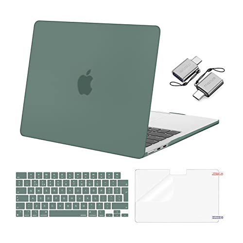 MOSISO Funda Compatible con MacBook Air 13,6 2024-2022 M2 A2681 Chip con Liquid Retina Display Touch ID, Carcasa Dura&Cubierta de Teclado&Pantalla Protector& 2 Adaptadores Tipo C, Verde Esmeralda