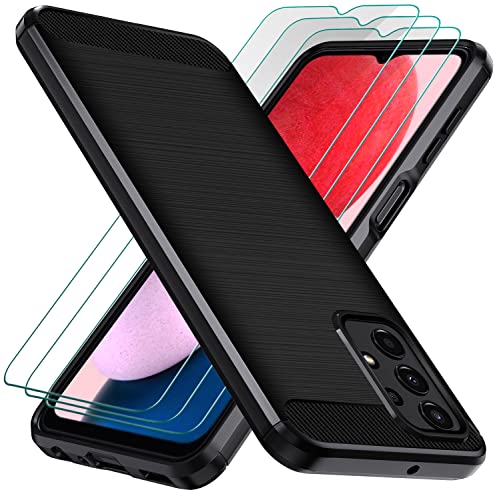 ivoler Funda para Samsung Galaxy A13 4G / A13 5G / A04S con 3 Piezas Cristal Templado, Fibra de Carbono Carcasa Protectora Antigolpes, Suave TPU Silicona Caso Anti-Choques Case Cover - Negro