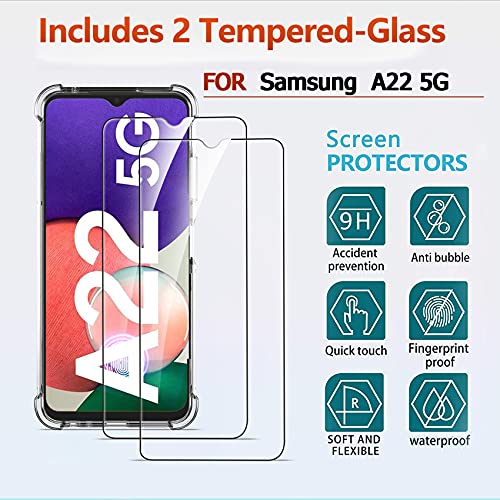 Ferilinso Funda para Samsung Galaxy A22 5G + 2 Piezas Cristal Templado Protector de Pantalla [Transparente TPU Carcasa] [10X Anti-Amarilleo] [Anti-Choque] [Anti-araÃ±azos] [9H Dureza]