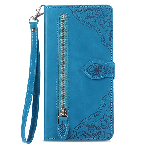 NEXCURIO Funda Tipo Cartera Libro para Samsung Galaxy A32 5G Carcasa Protectora Cuero Flip Cover Case con Tarjetero Cordón Soporte Plegable Mujer Flores - Azul