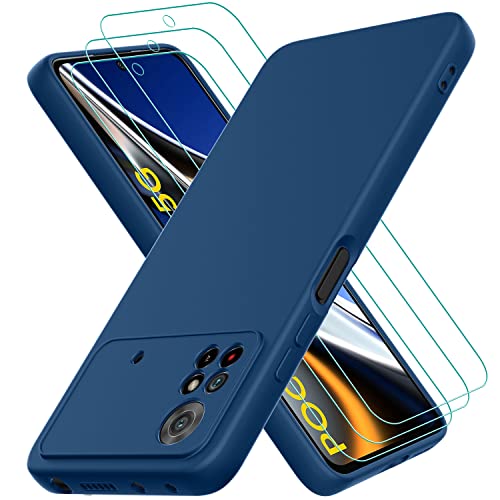Oureidoo Funda para Xiaomi Poco X4 Pro 5G con 3 Unidades Cristal Templado, Carcasa de Sedoso-Tacto Suave Silicona, Cubierta a Prueba de Golpes con Forro de Microfibra, Azul