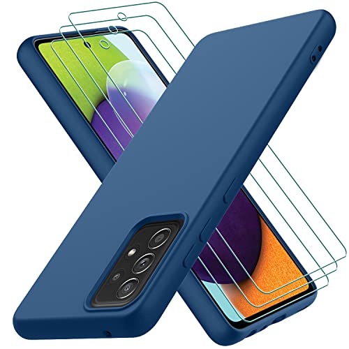Funda para Samsung Galaxy A52S 5G / A52 4G / 5G con 3 Unidades Cristal Templado, Carcasa de Sedoso-Tacto Suave Silicona LÃ­quida, Cubierta a Prueba de Golpes con Forro de Microfibra, Azul