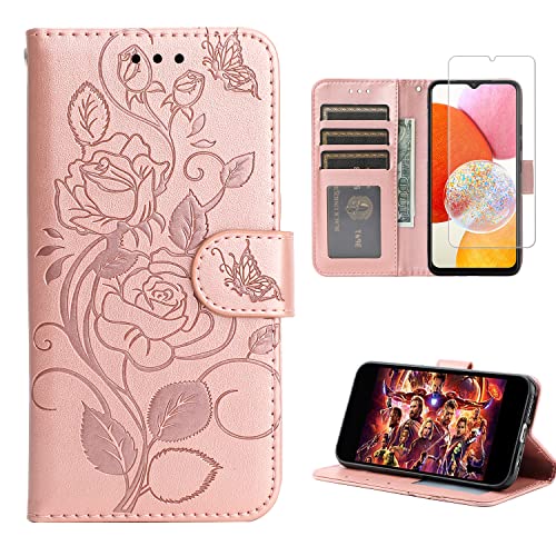 Funda para Samsung Galaxy A14 4G / 5G con Protector de Pantalla, Carcasa Libro con Tapa Flip Case Antigolpes PU Cuero Repujado Dibujo Flores Rosa Color Oro Rosa